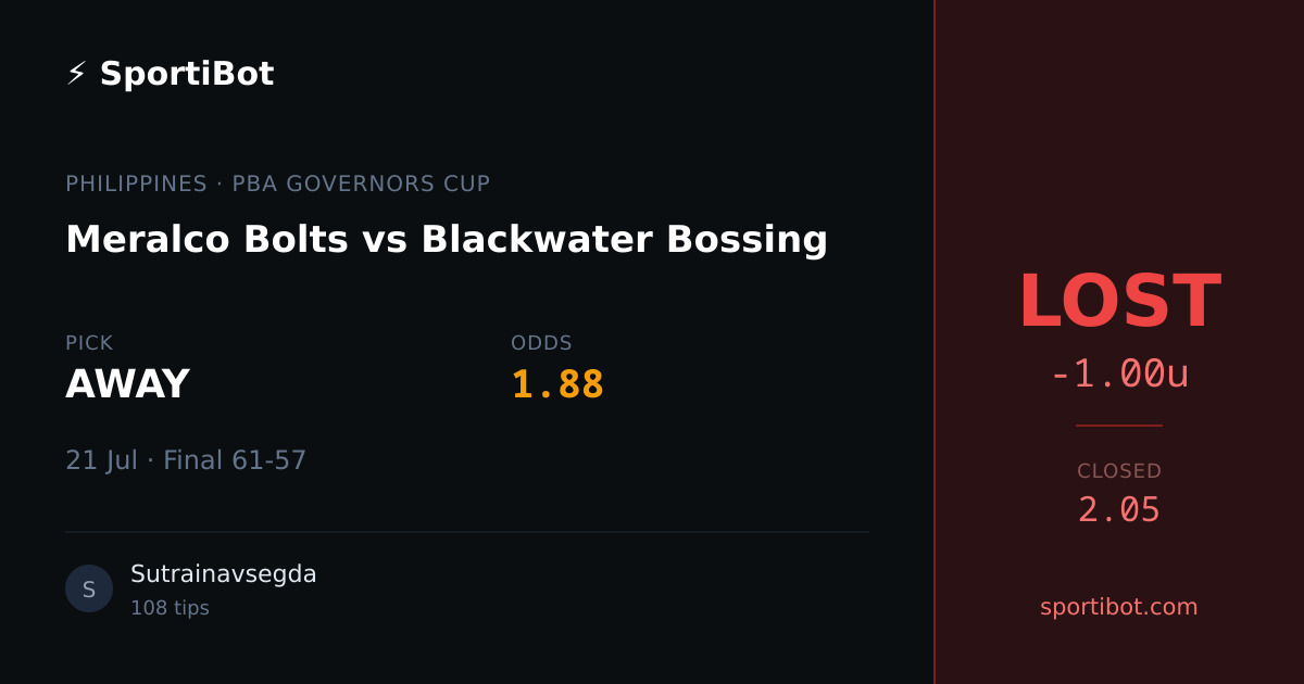 LOST: Meralco Bolts vs Blackwater Bossing - AWAY @ 1.88