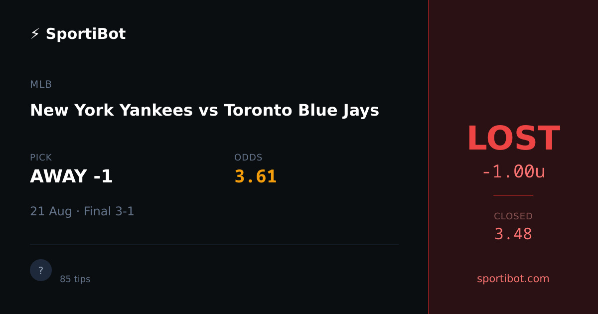 LOST: New York Yankees vs Toronto Blue Jays - AWAY -1 @ 3.61