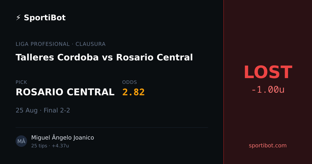 LOST: Talleres Cordoba vs Rosario Central - ROSARIO CENTRAL @ 2.82