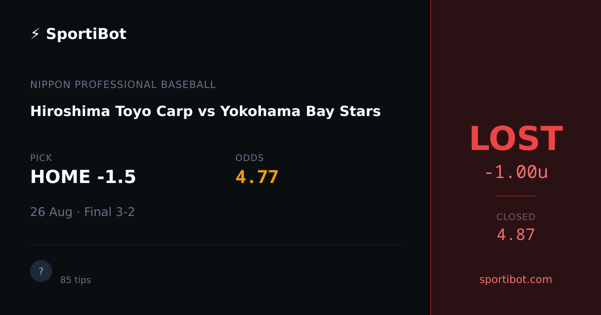LOST: Hiroshima Toyo Carp vs Yokohama Bay Stars - HOME -1.5 @ 4.77