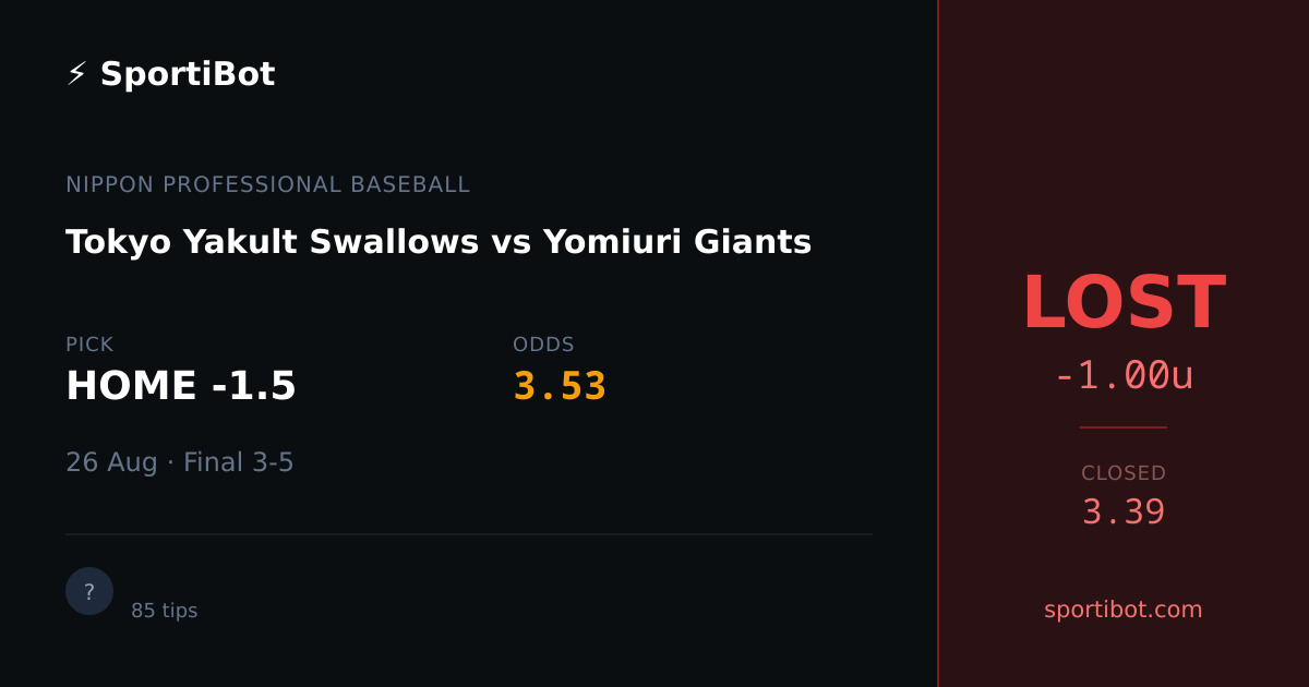 LOST: Tokyo Yakult Swallows vs Yomiuri Giants - HOME -1.5 @ 3.53