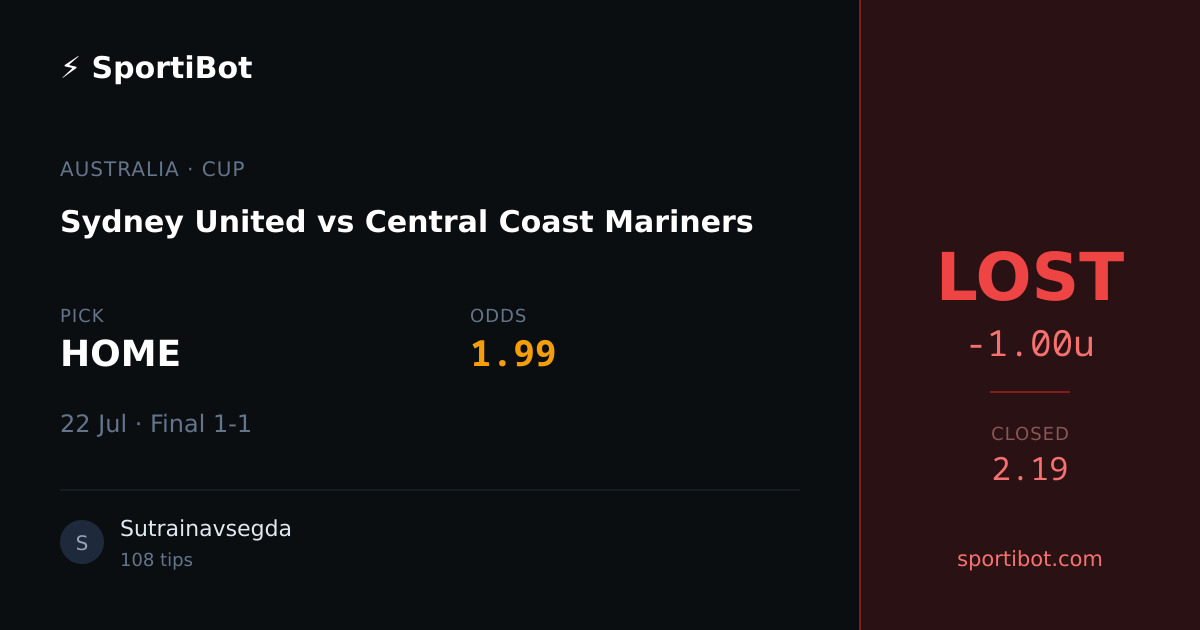 LOST: Sydney United vs Central Coast Mariners - HOME @ 1.99