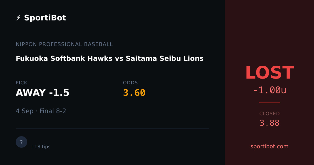 LOST: Fukuoka Softbank Hawks vs Saitama Seibu Lions - AWAY -1.5 @ 3.60
