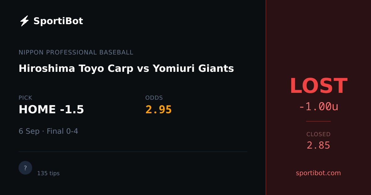 LOST: Hiroshima Toyo Carp vs Yomiuri Giants - HOME -1.5 @ 2.95