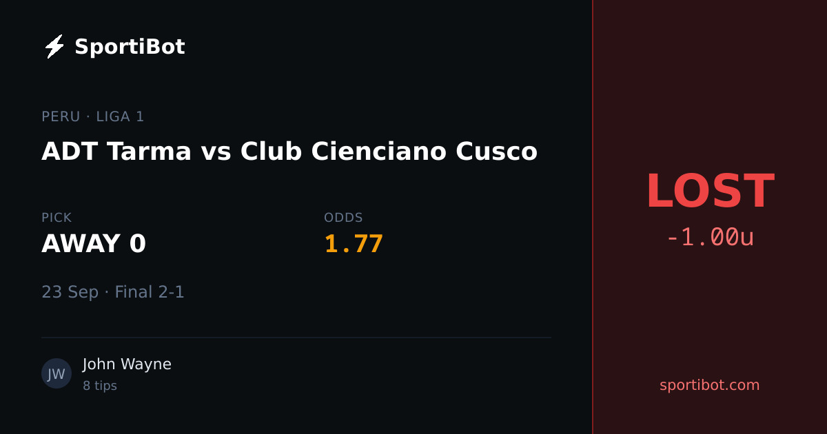 LOST: ADT Tarma vs Club Cienciano Cusco - AWAY 0 @ 1.77