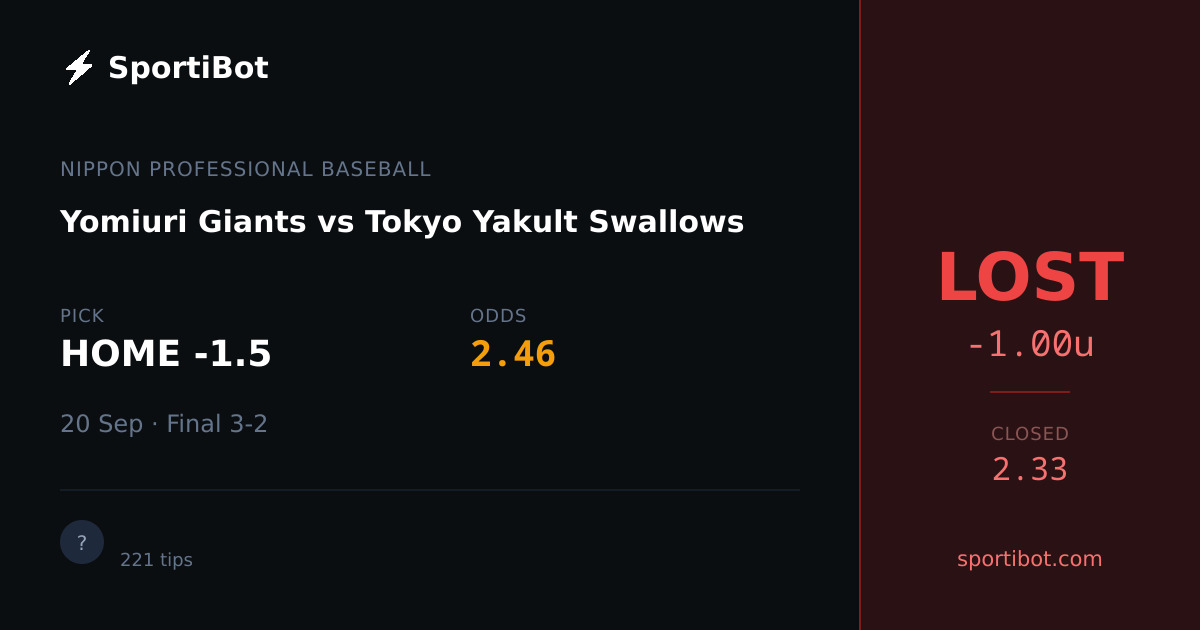 LOST: Yomiuri Giants vs Tokyo Yakult Swallows - HOME -1.5 @ 2.46