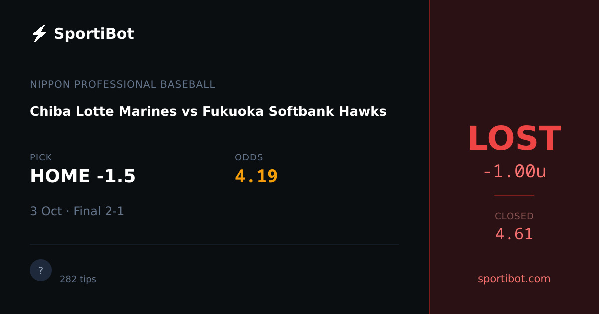 LOST: Chiba Lotte Marines vs Fukuoka Softbank Hawks - HOME -1.5 @ 4.19