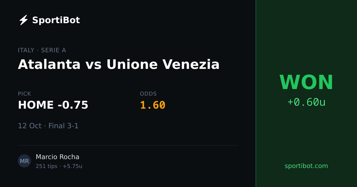 WON: Atalanta vs Unione Venezia - HOME -0.75 @ 1.60