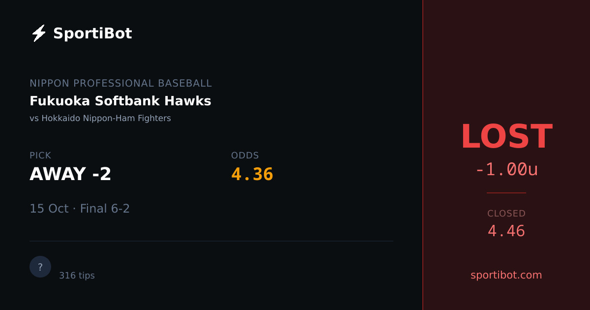 LOST: Fukuoka Softbank Hawks vs Hokkaido Nippon-Ham Fighters - AWAY -2 @ 4.36