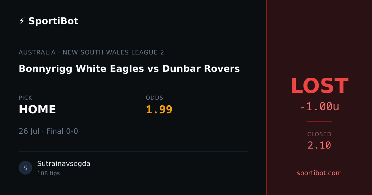 LOST: Bonnyrigg White Eagles vs Dunbar Rovers - HOME @ 1.99